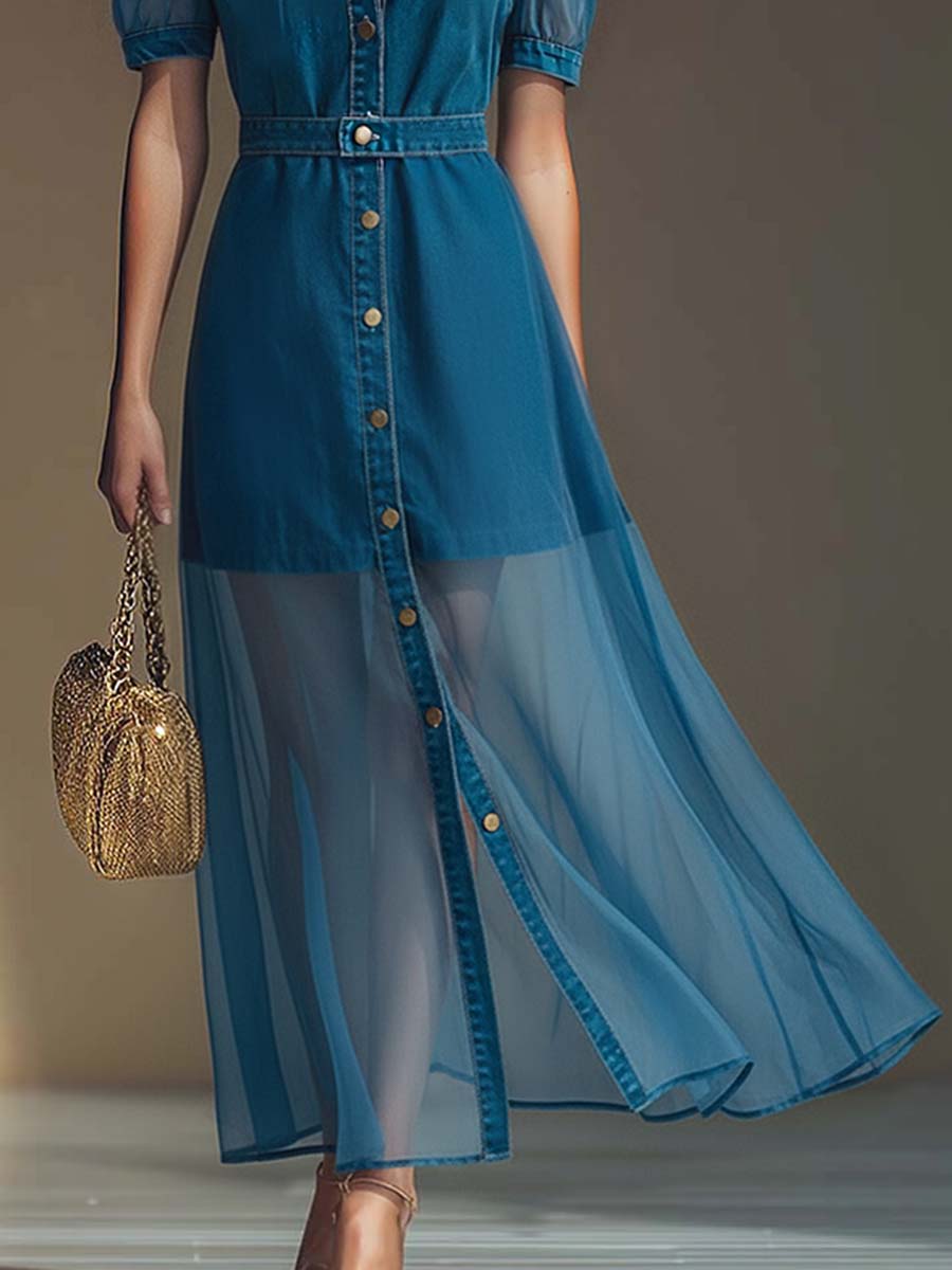 Women's Button Front V Neck Maxi Dress