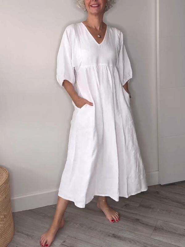 Women's V Neck Ruched Fit Draped Midi Dress With Pockets