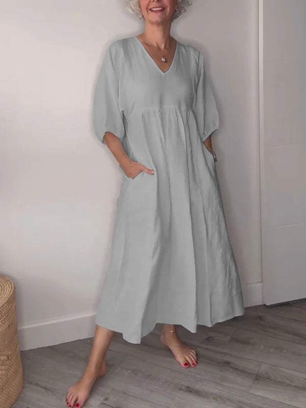 Women's V Neck Ruched Fit Draped Midi Dress With Pockets