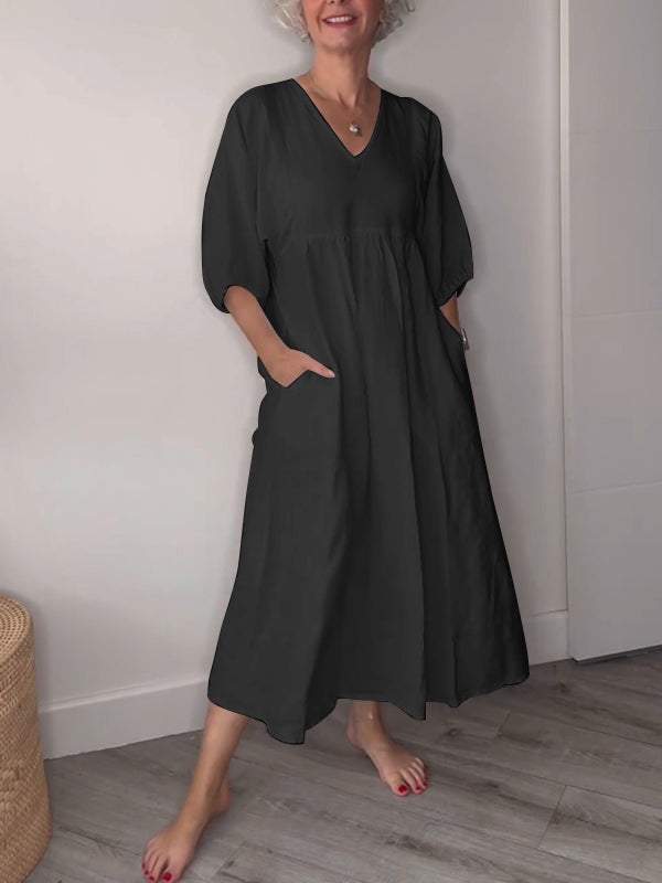 Women's V Neck Ruched Fit Draped Midi Dress With Pockets