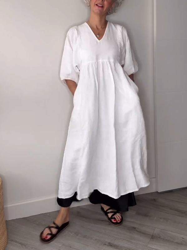 Women's V Neck Ruched Fit Draped Midi Dress With Pockets