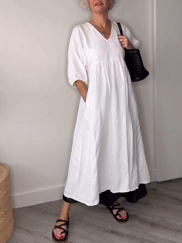 Women's V Neck Ruched Fit Draped Midi Dress With Pockets
