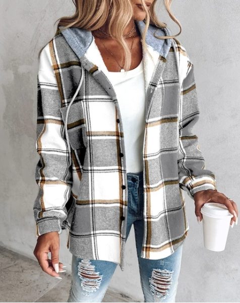 Jennifer | Women's Oversized Plaid Shirt Jacket with Hood