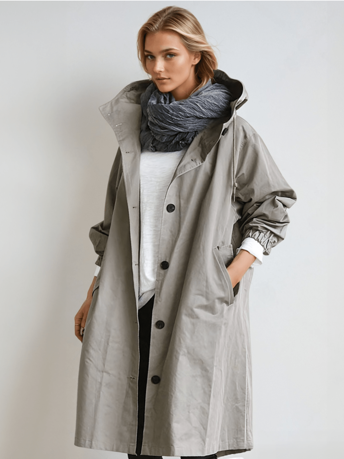 Janet | Women's Oversized Hooded Trench Coat with Button Front and Pockets