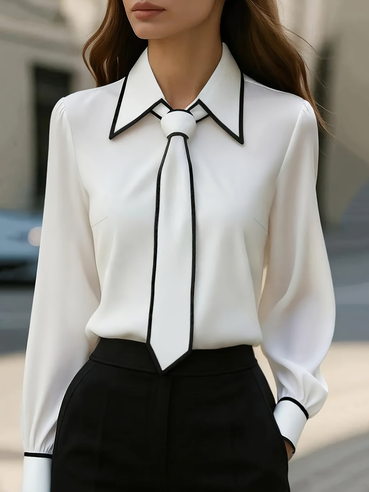 Celine | Women's Contrast-Tie Collared Blouse