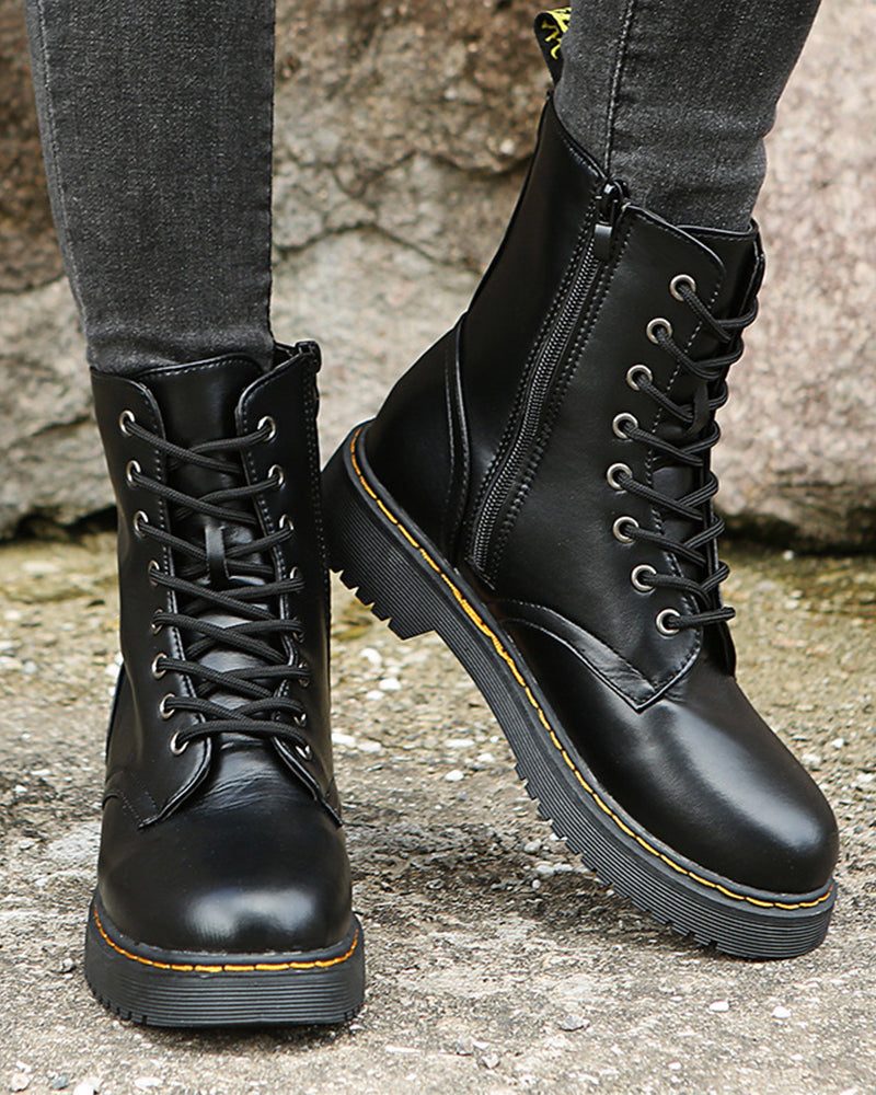 Catherine | Women's Lace-Up Platform Combat Boots with Side Zip and Chunky Lug Sole