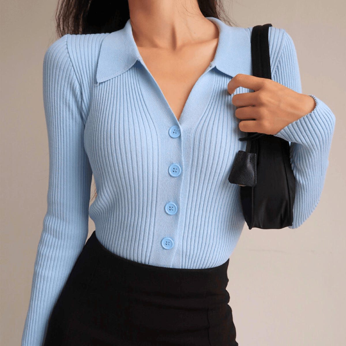 Ines ribbed collared top - Sky Blue