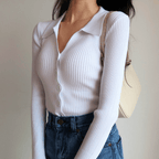 Ines ribbed collared top - Ivory White