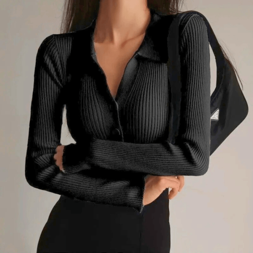 Ines ribbed collared top - Midnight Black