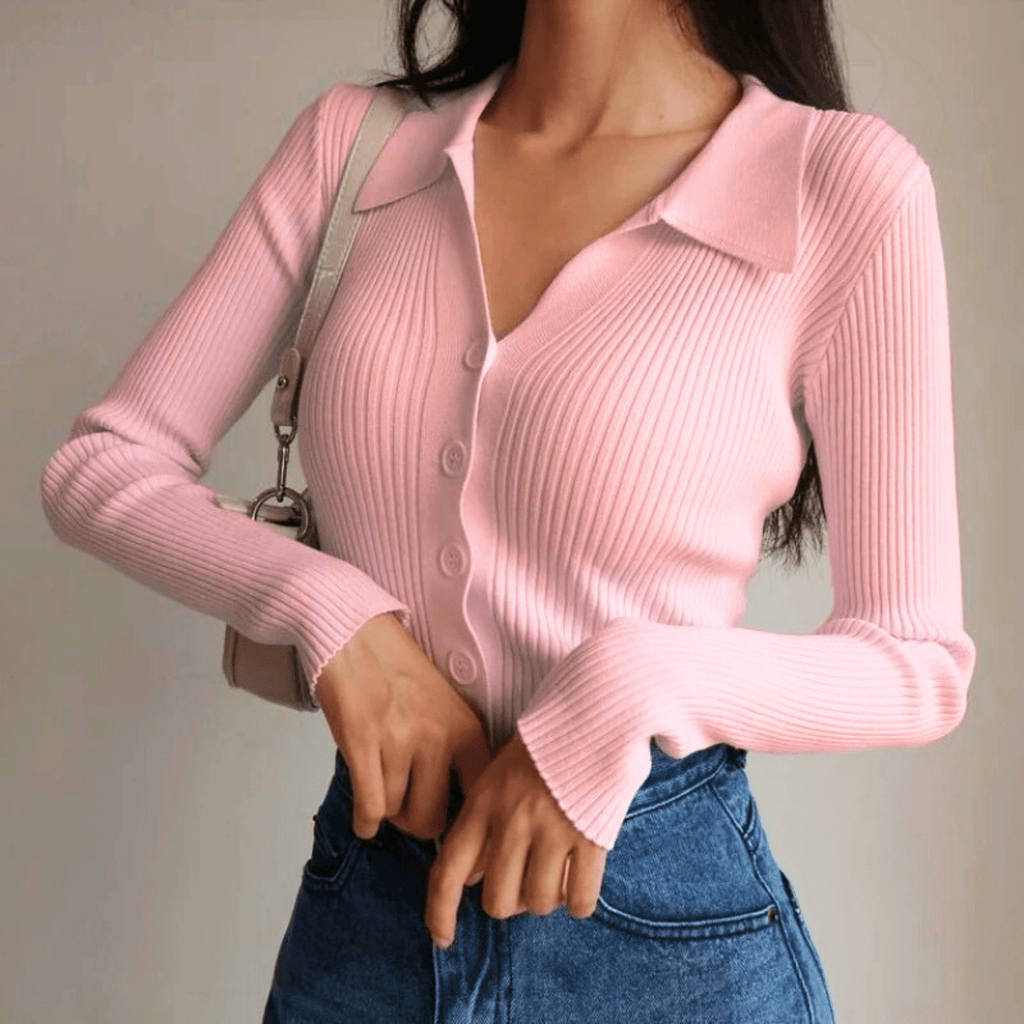 Ines ribbed collared top - Blush Pink