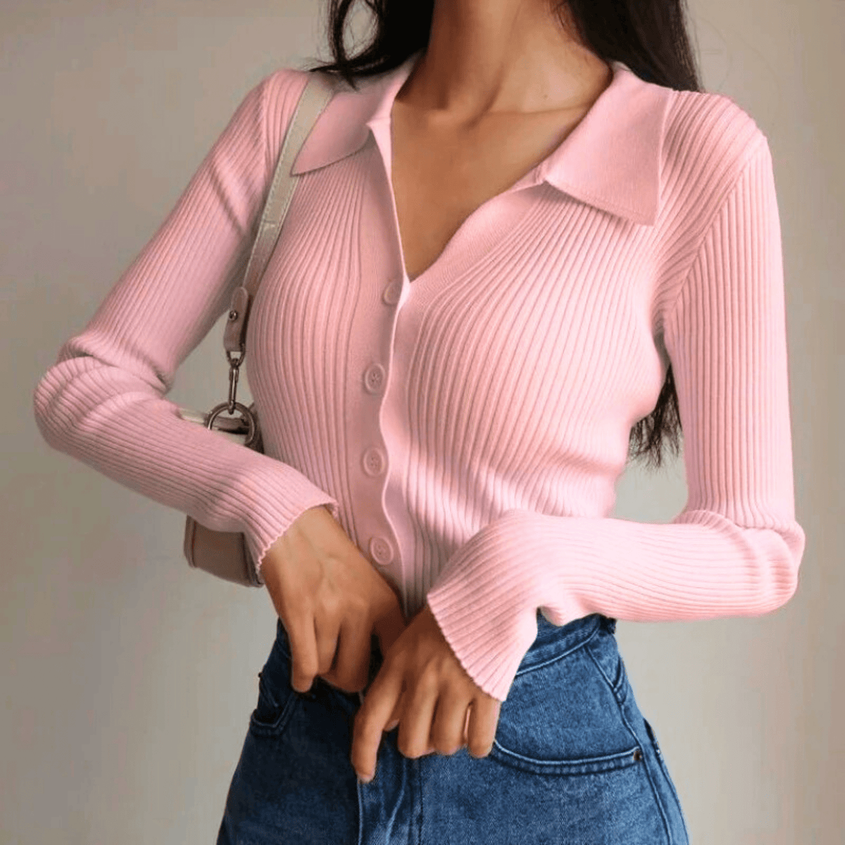 Ines ribbed collared top - Blush Pink