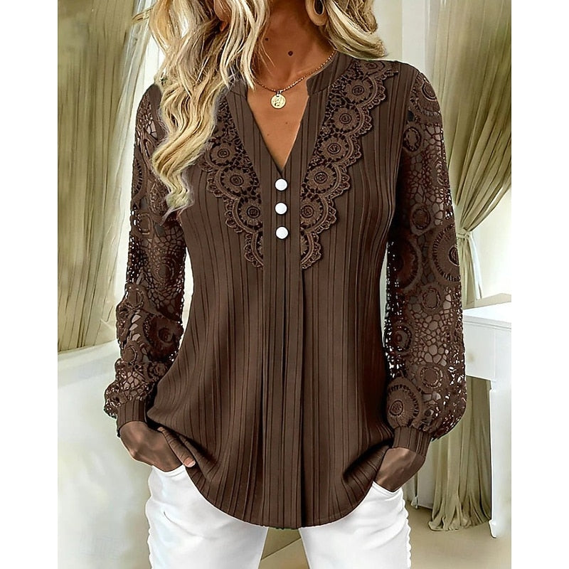 Women's V-Neck Lace-Detail Long-Sleeve Blouse