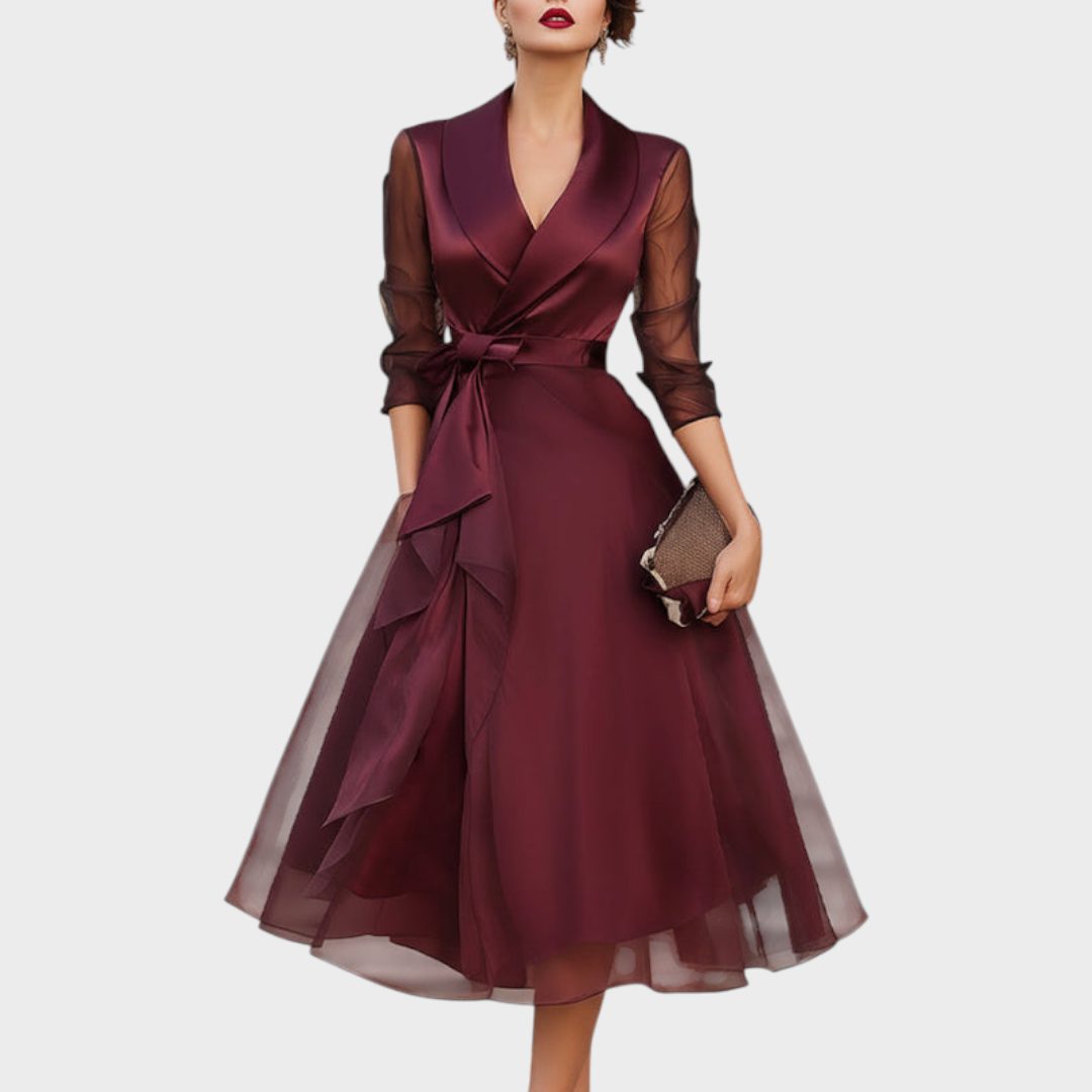 Patricia | Women's Wrap Midi Dress with Sheer Sleeves, Tie Waist and Flared Skirt