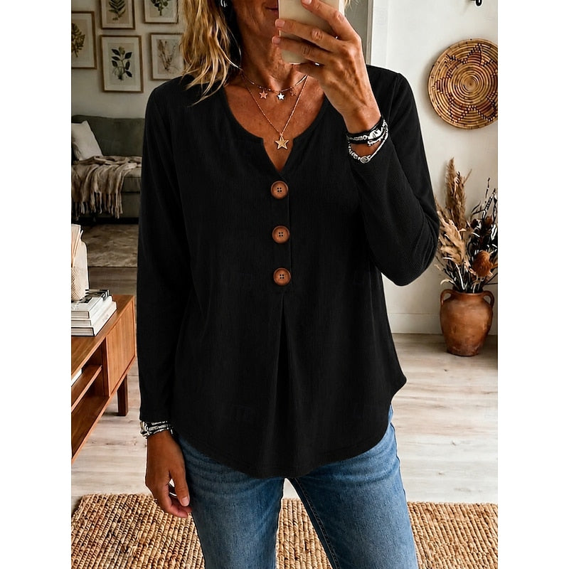 Cecelia Women's Ribbed Buttoned V-Neck Top product view
