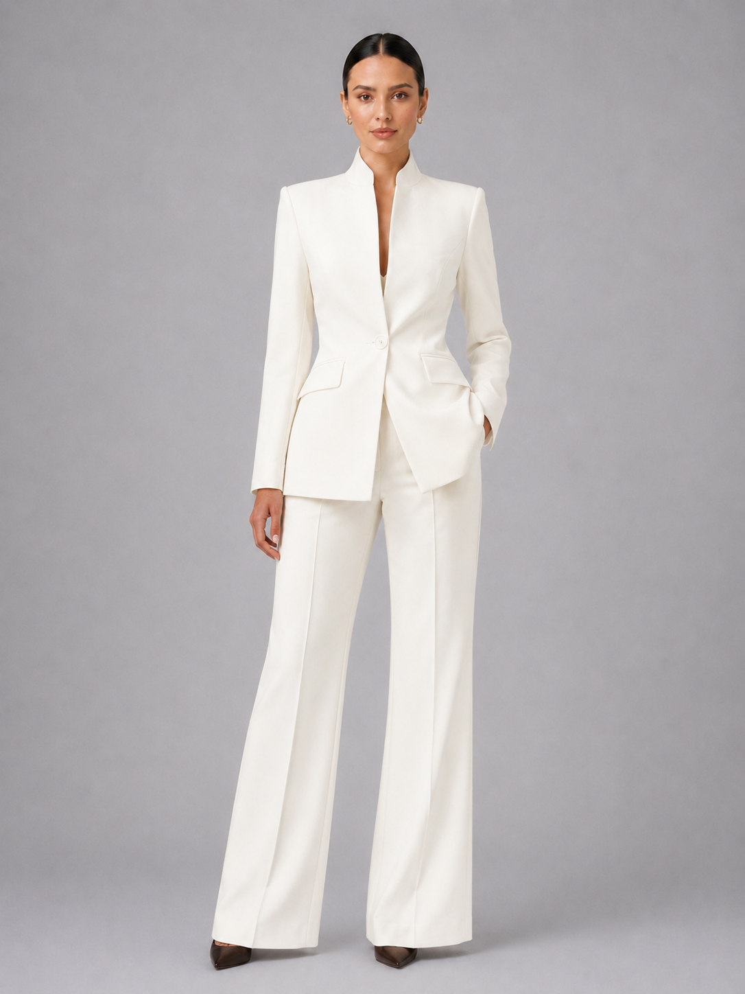 Cassandra | Women's Collarless Blazer & Wide-Leg Pants Set