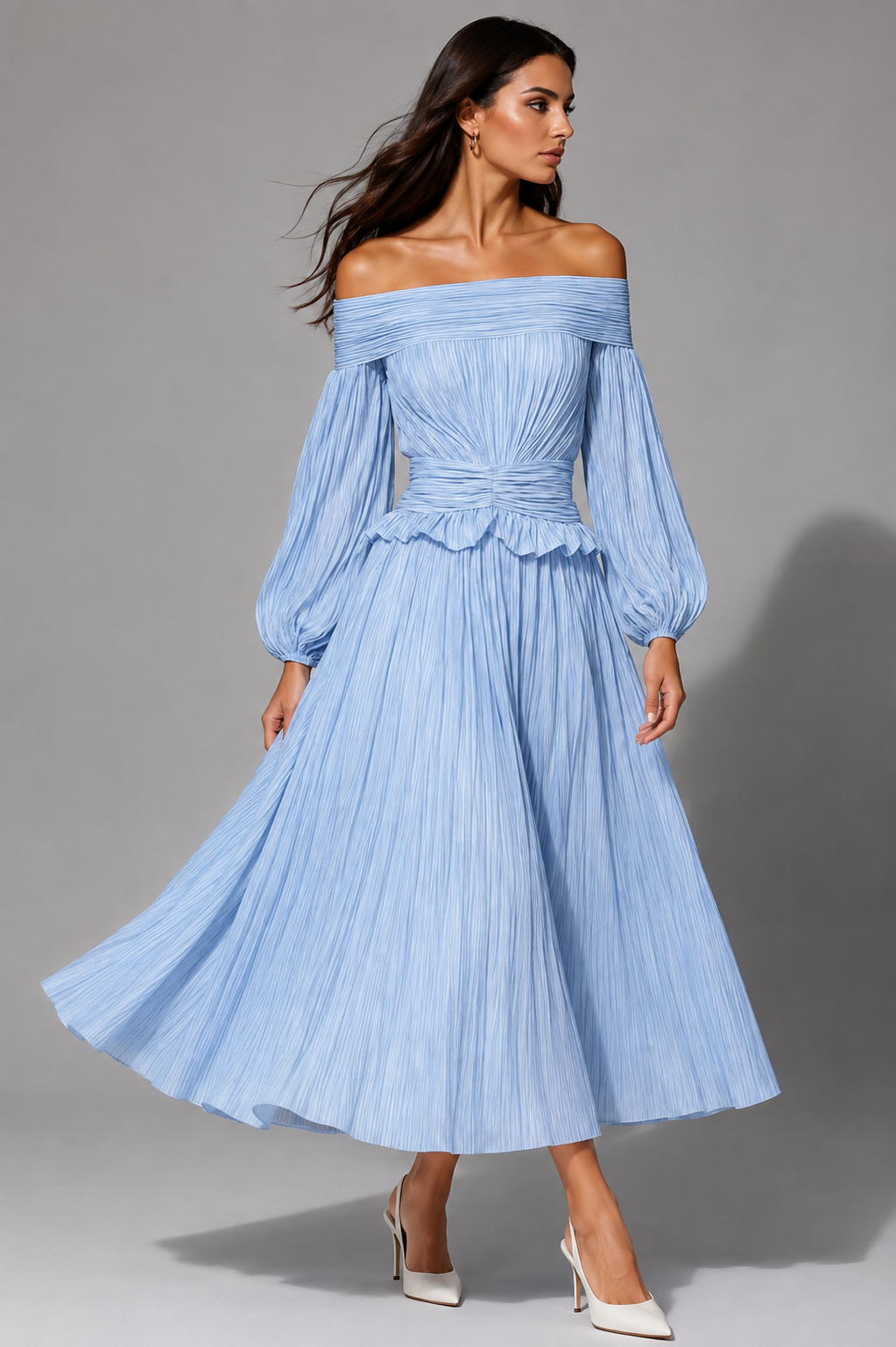 Women's off-shoulder pleated midi dress neckline detail