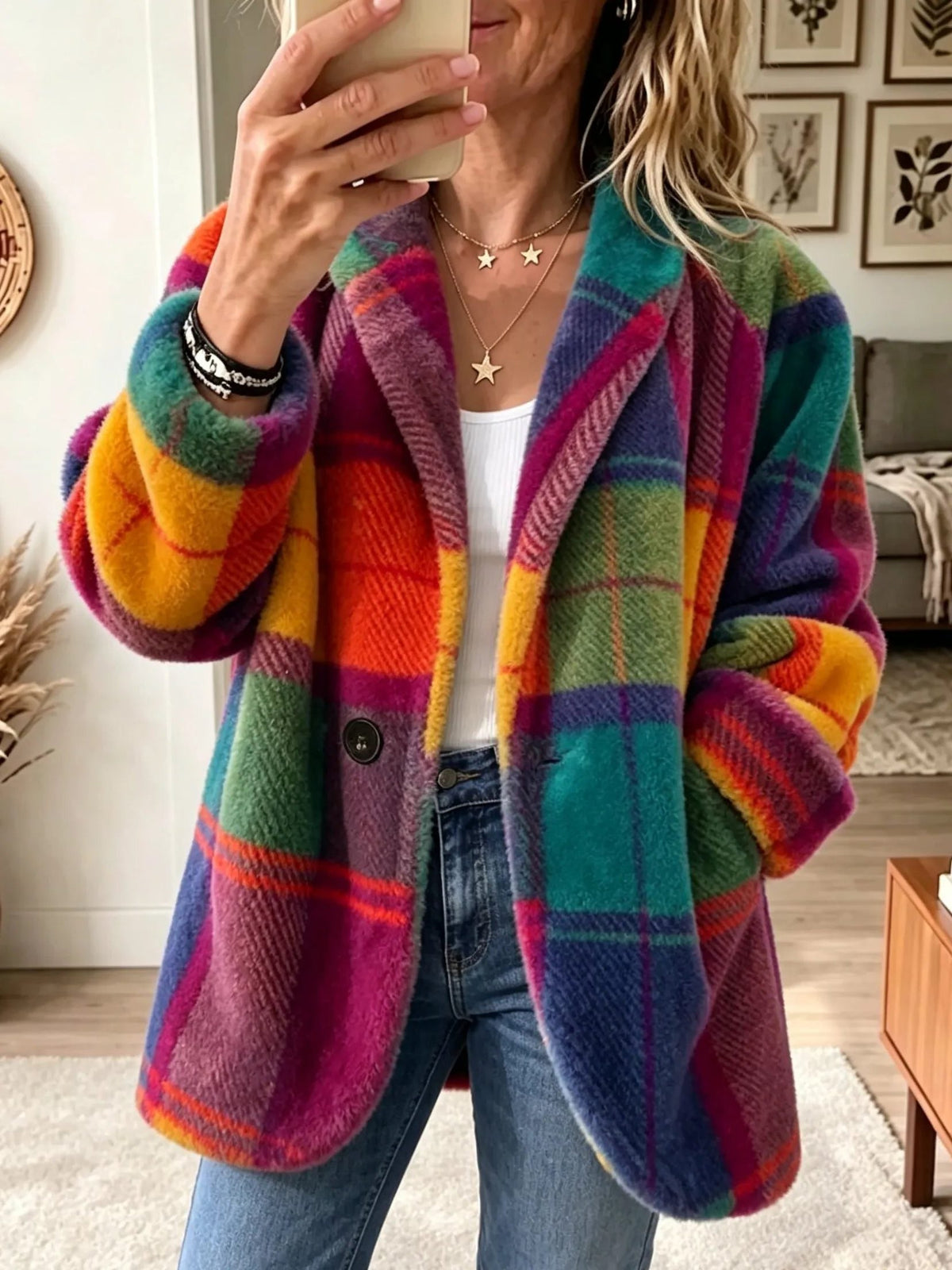 Theresa | Women's Plaid Long Cardigan Blazer with Button Front