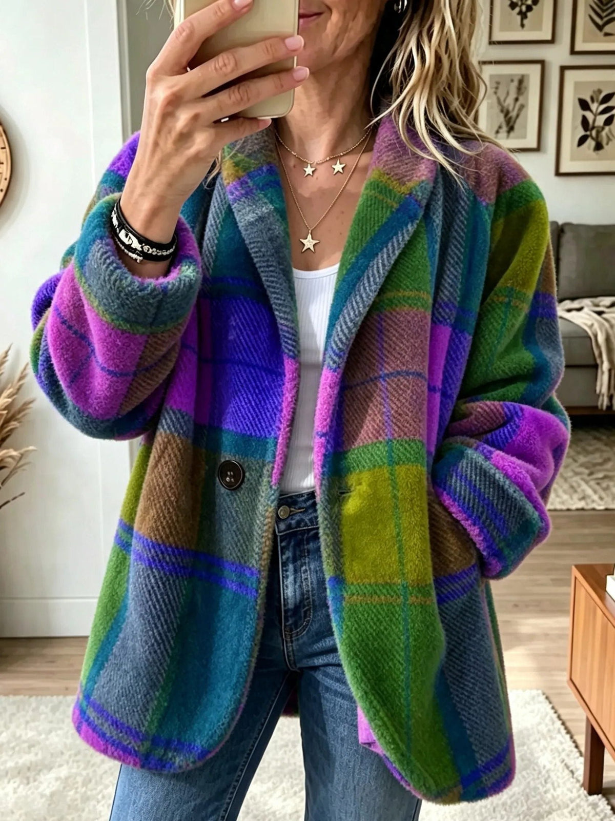 Theresa | Women's Plaid Long Cardigan Blazer with Button Front
