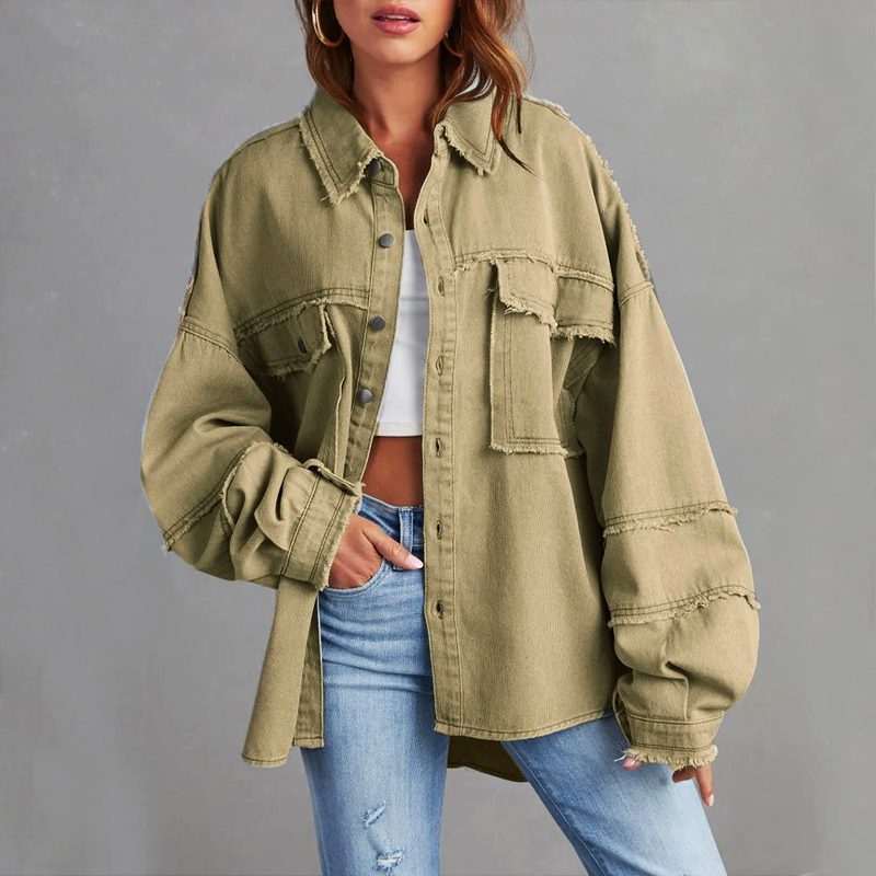 Jacqueline | Women's Oversized Denim-Look Shirt Jacket with Chest Pockets and Frayed Hem