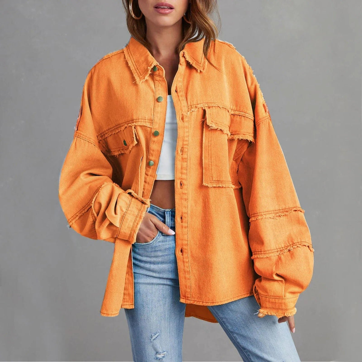 Jacqueline | Women's Oversized Denim-Look Shirt Jacket with Chest Pockets and Frayed Hem