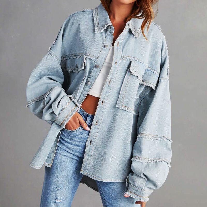 Jacqueline | Women's Oversized Denim-Look Shirt Jacket with Chest Pockets and Frayed Hem