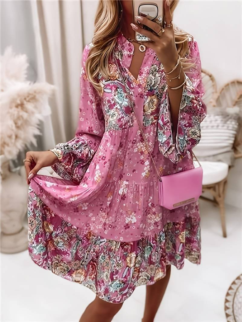 Women's Floral V Neck Long Sleeve Tiered Midi Dress
