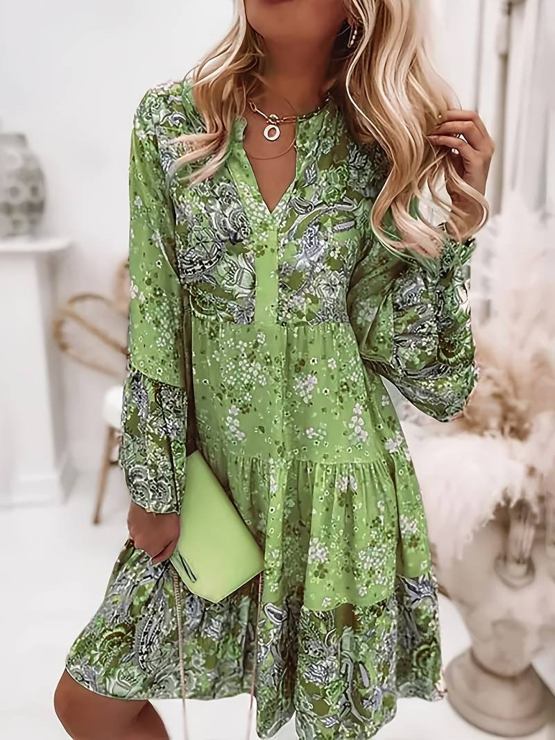 Women's Floral V Neck Long Sleeve Tiered Midi Dress