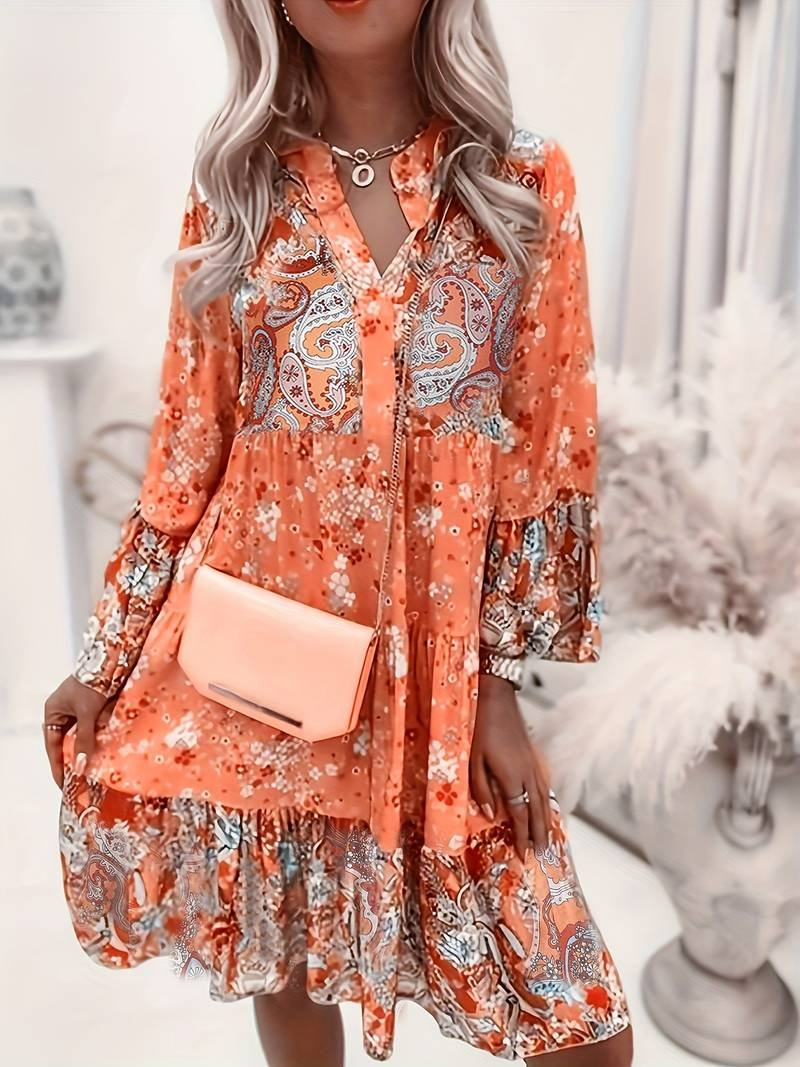 Women's Floral V Neck Long Sleeve Tiered Midi Dress