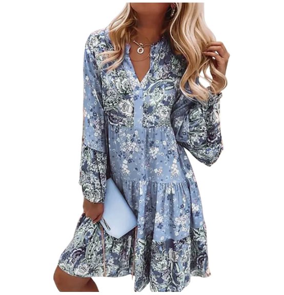 Women's Floral V Neck Long Sleeve Tiered Midi Dress