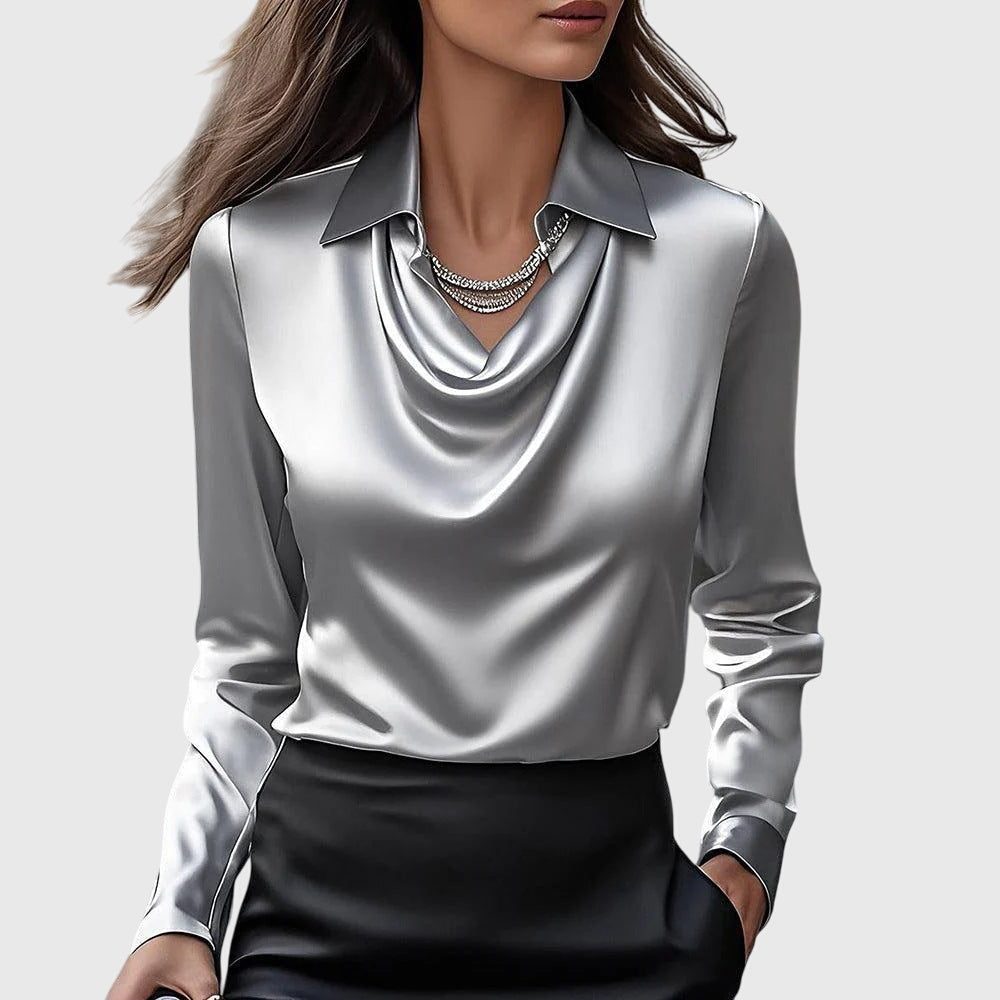 Jenna | Women's Satin Cowl Neck Blouse with Long Sleeves