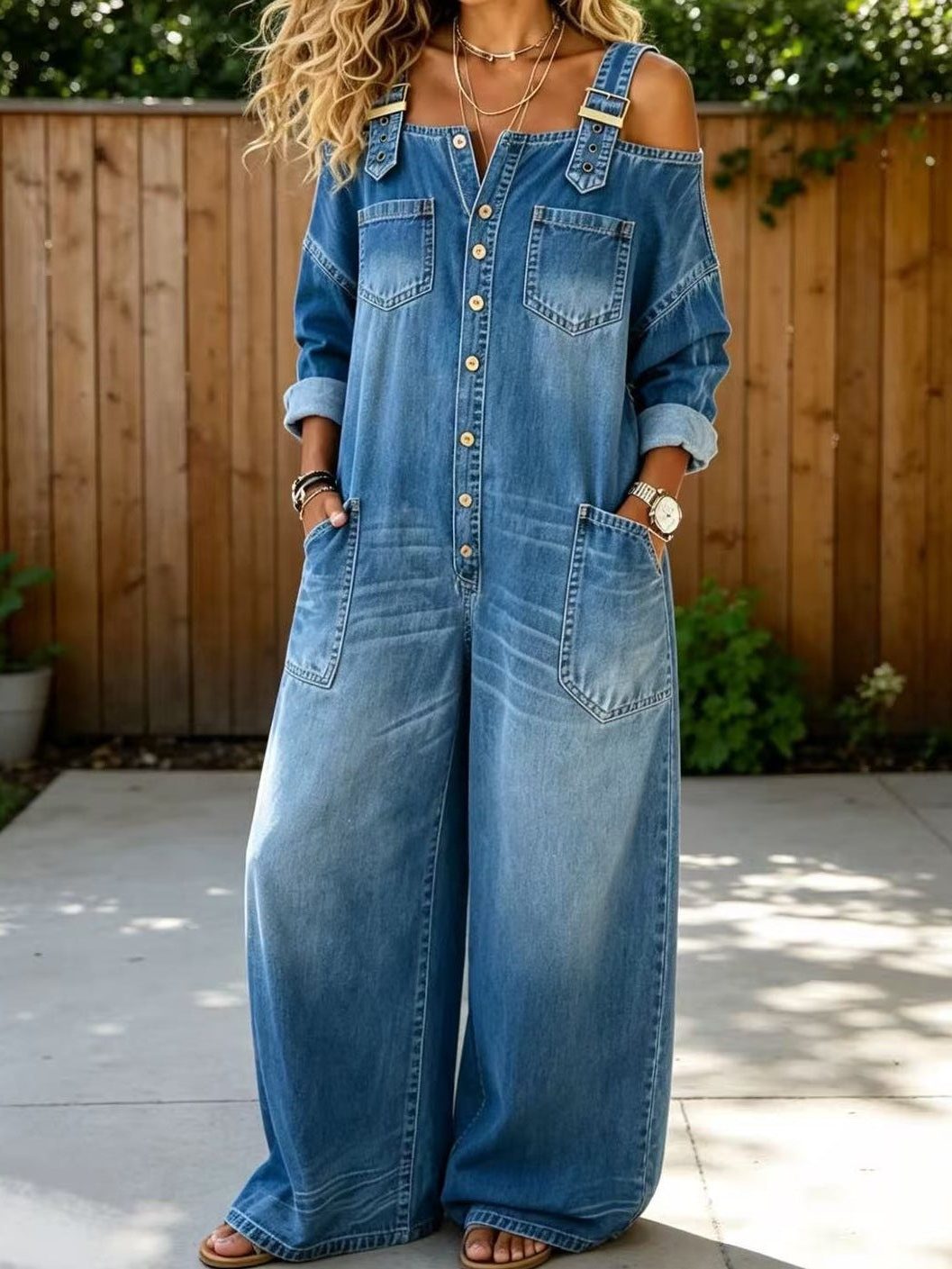 Denise | Women's Denim-Look Wide-Leg Jumpsuit with Cold Shoulder and Button Front