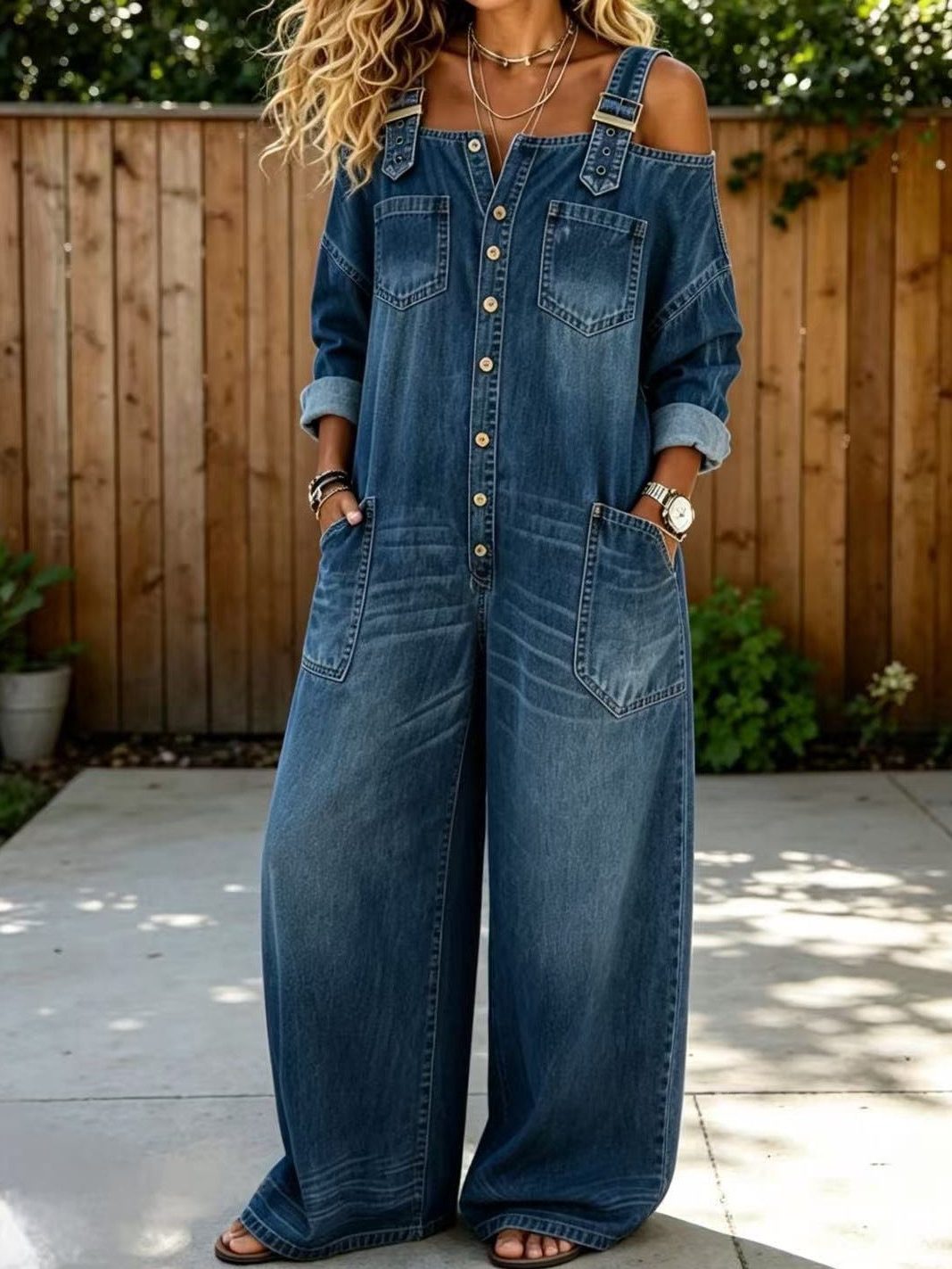 Denise | Women's Denim-Look Wide-Leg Jumpsuit with Cold Shoulder and Button Front