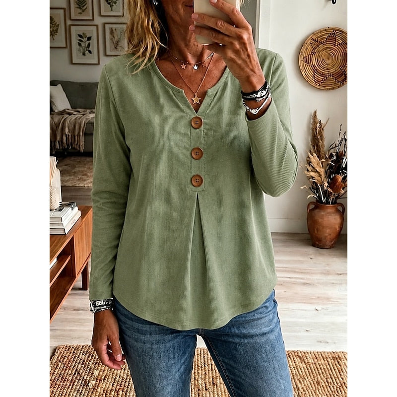 Cecelia Women's Ribbed Buttoned V-Neck Top product view