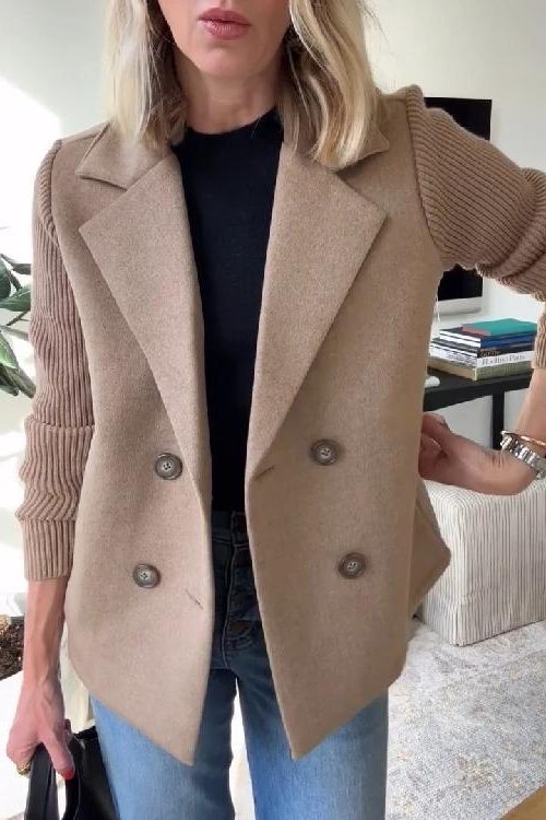 Women’s double-breasted knit-sleeve blazer, view 1