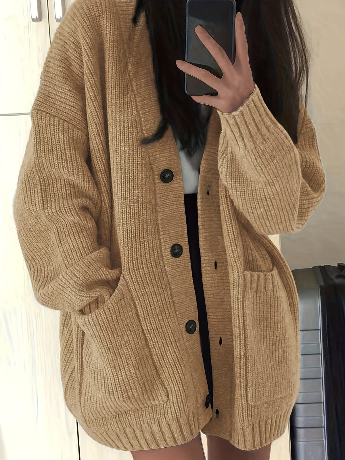 Oversized chunky-knit button-front cardigan, source view 4