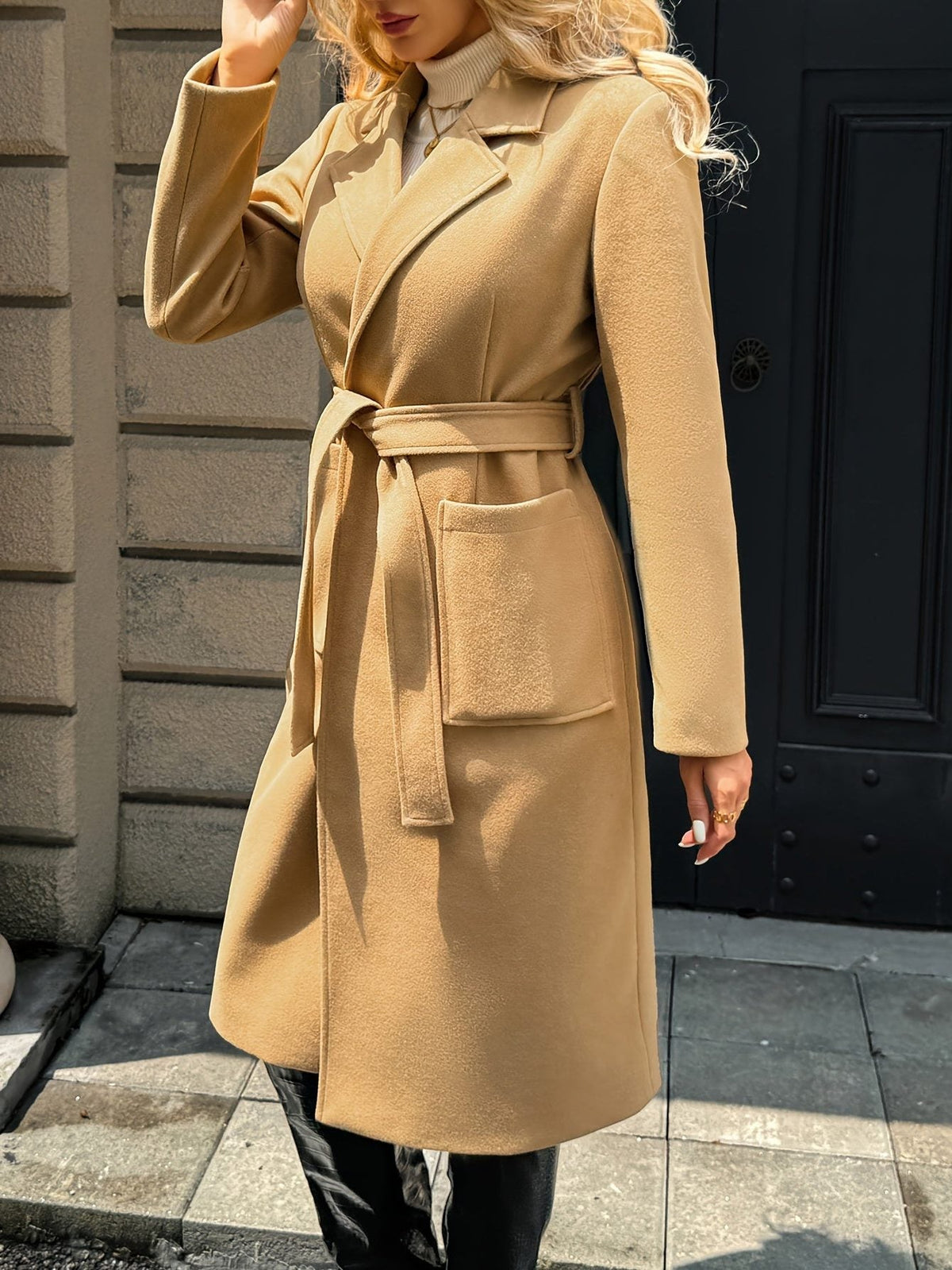 Belted long coat, source view 3