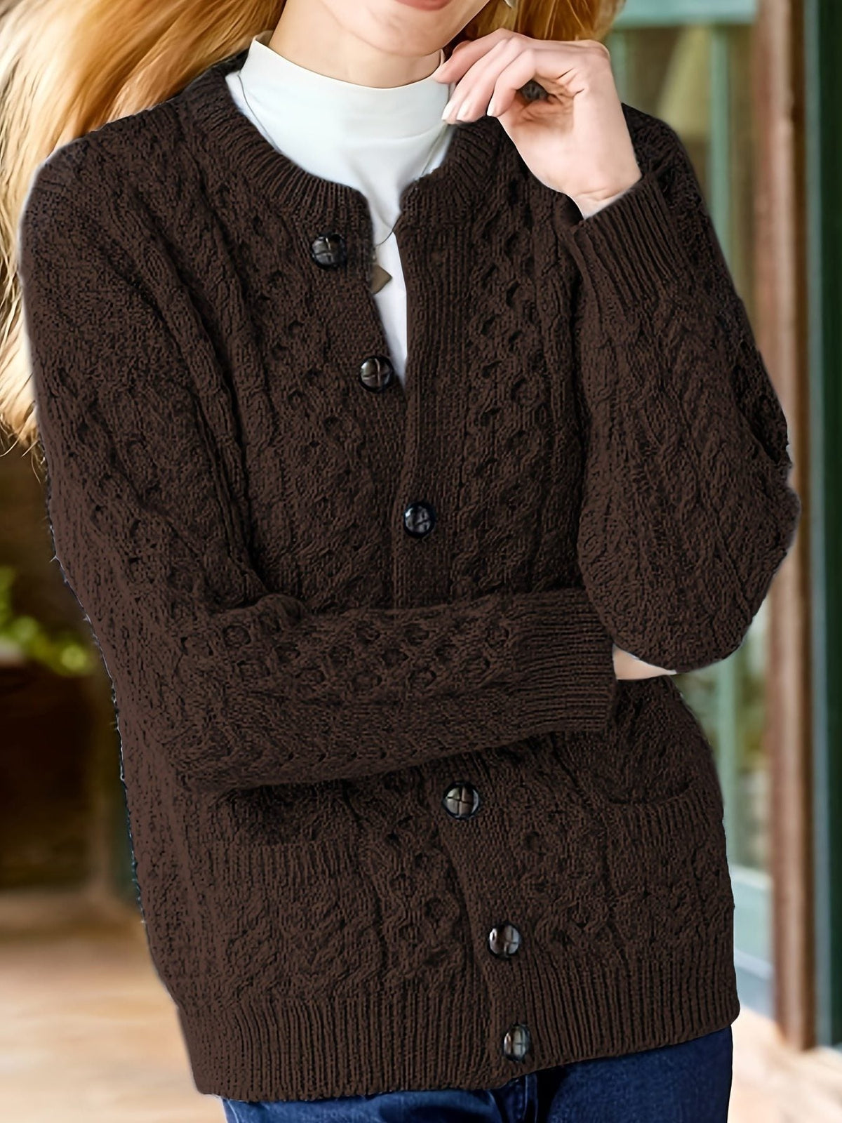 Textured button-front cardigan, source view 1