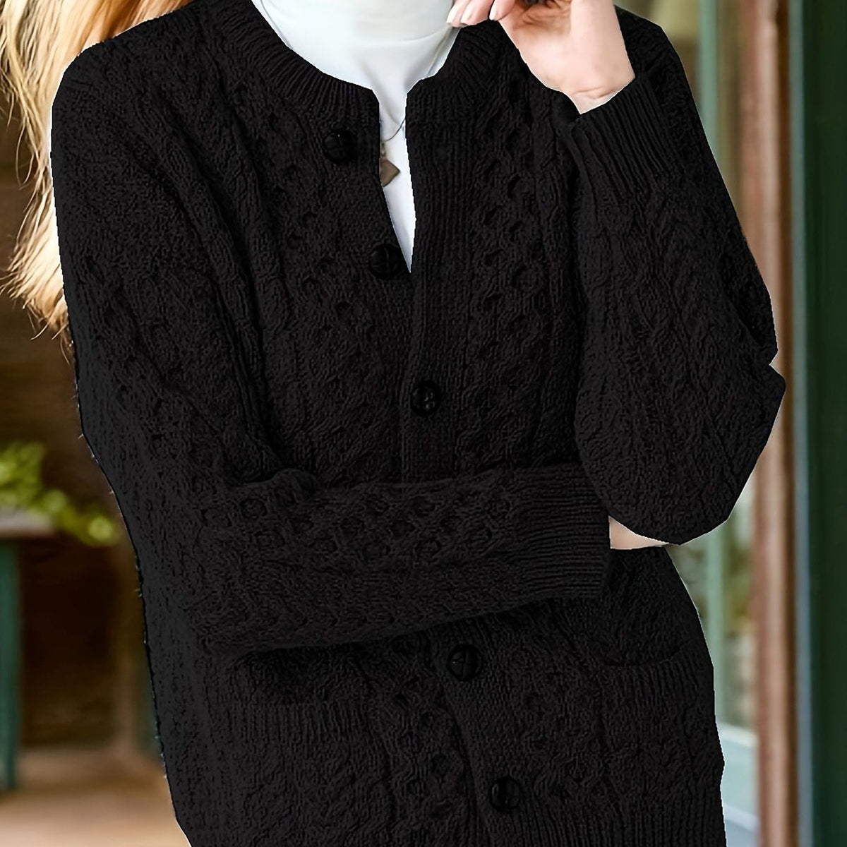 Textured button-front cardigan, source view 4