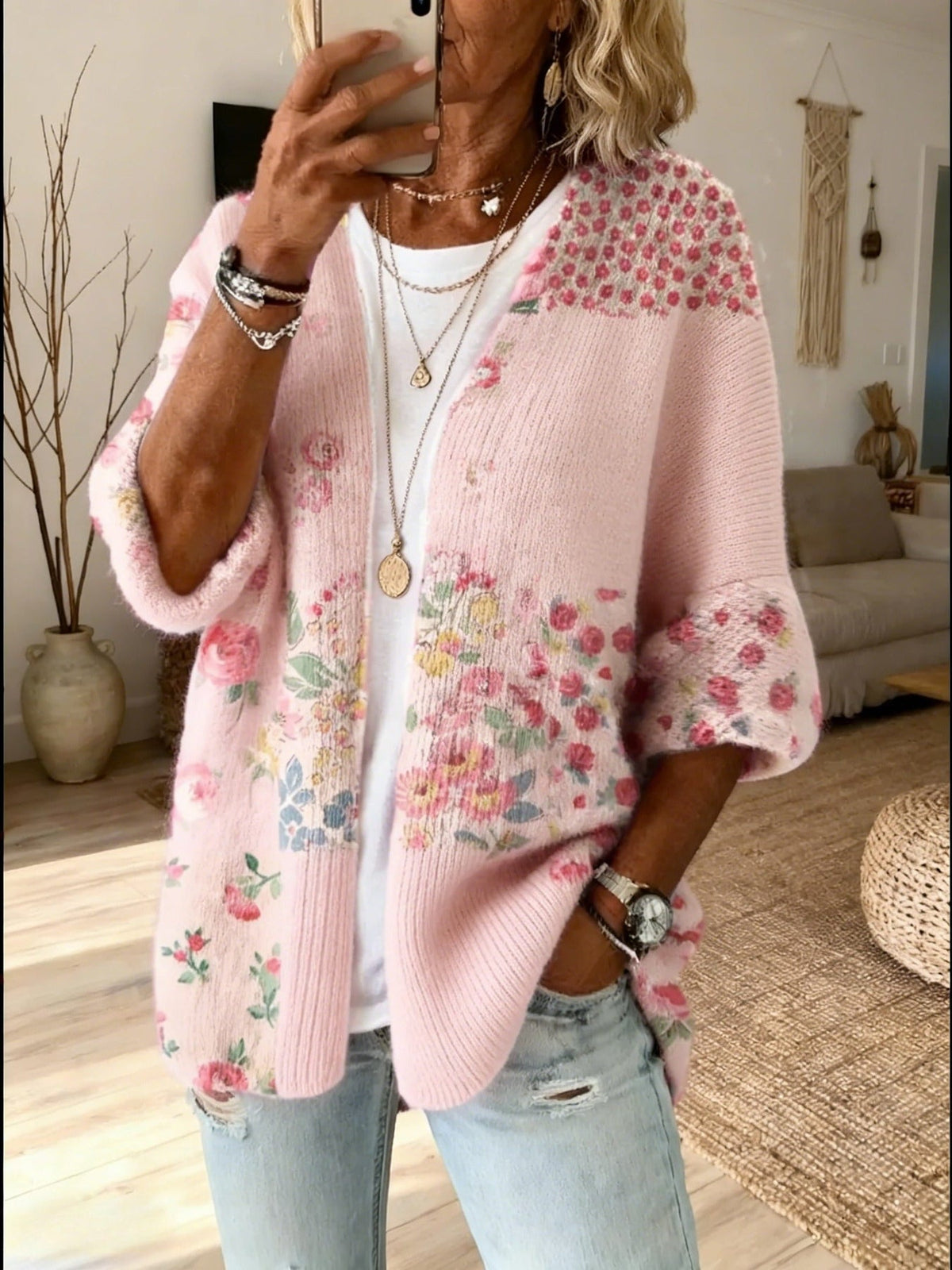 Women’s Printed Patchwork Open-Front Cardigan with Three-Quarter Sleeves, source view 2