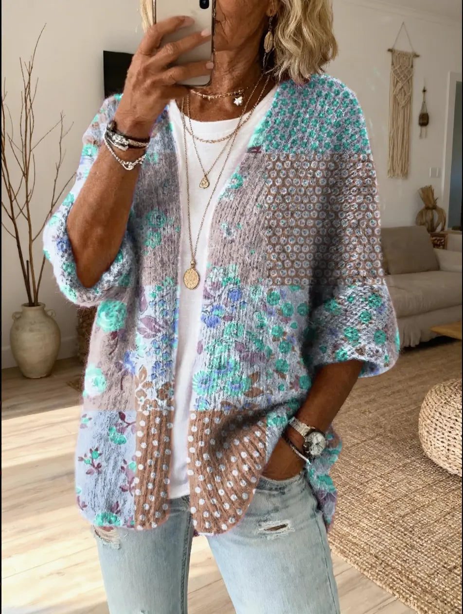 Women’s Printed Patchwork Open-Front Cardigan with Three-Quarter Sleeves, source view 8