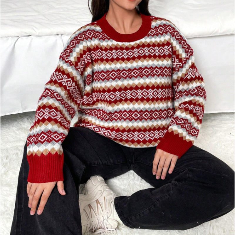 Women’s Allover Fair Isle Crew-Neck Sweater with Ribbed Trim, source view 4