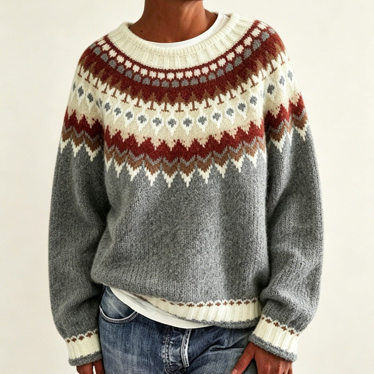 Women’s Fair Isle Yoke Crew-Neck Sweater with Ribbed Cuffs, source view 2