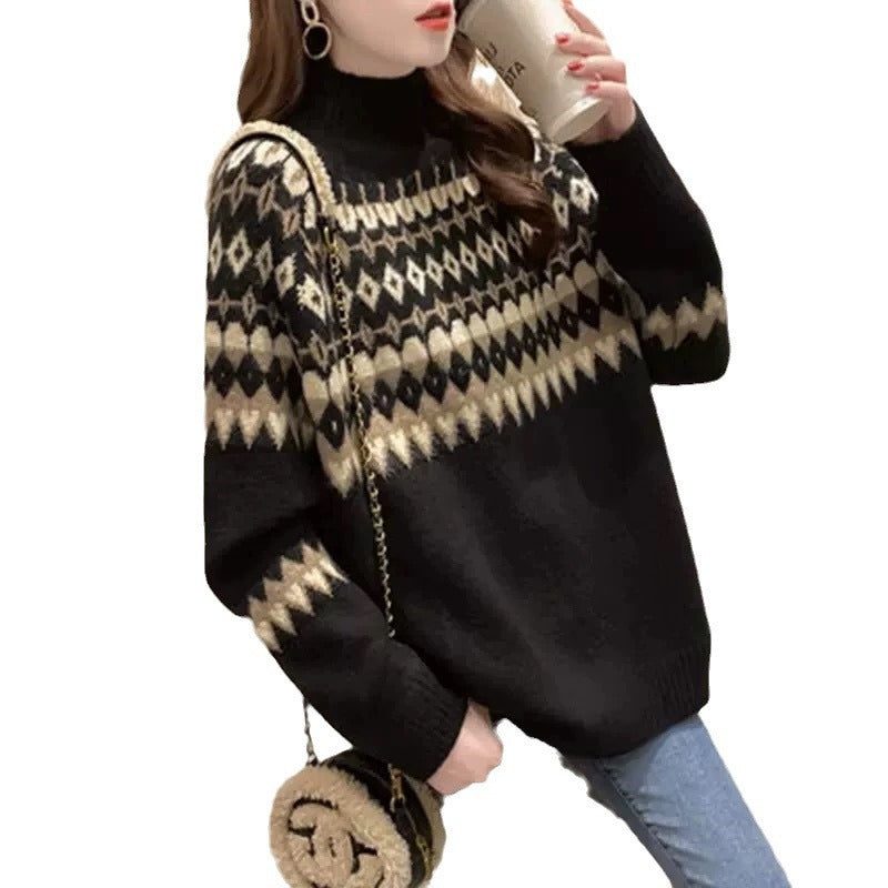 Women’s Fair Isle Mock-Neck Sweater with Geometric Yoke, source view 4