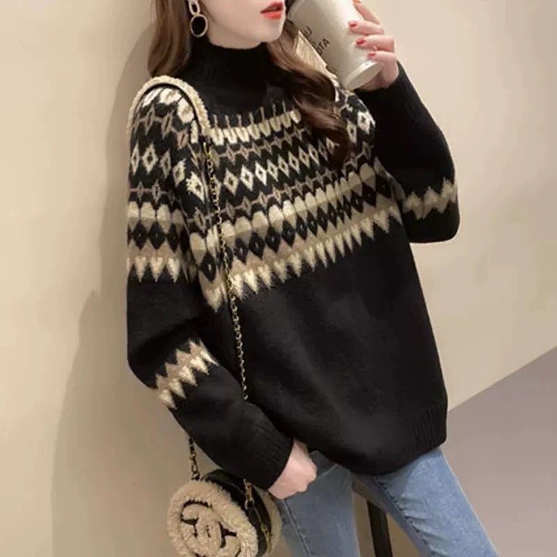 Women’s Fair Isle Mock-Neck Sweater with Geometric Yoke, source view 5