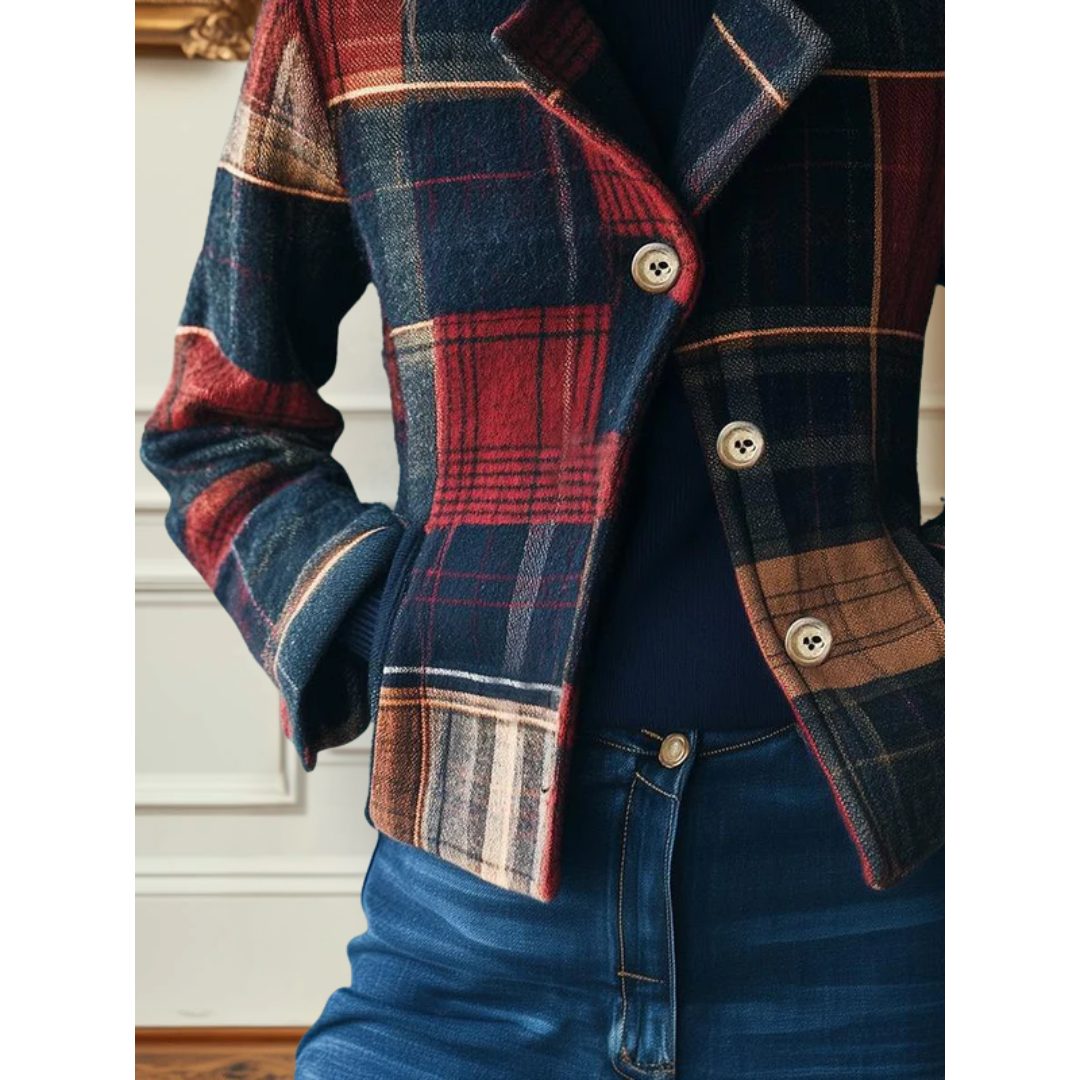 Women’s Plaid Single-Breasted Blazer with Notched Lapels, source view 3