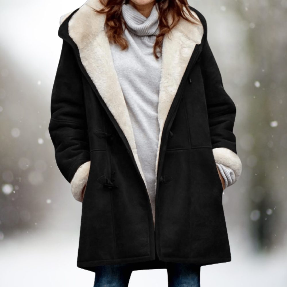 Women’s Long Plush-Lined Hooded Coat with Shawl Collar, source view 1