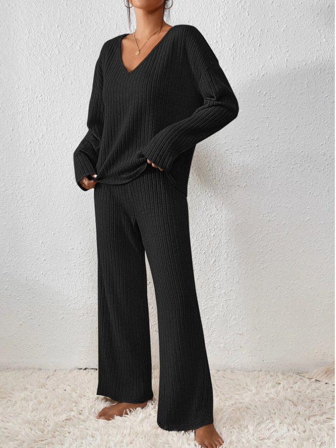 Women’s Ribbed V-Neck Sweater and Wide-Leg Pants Set, source view 3