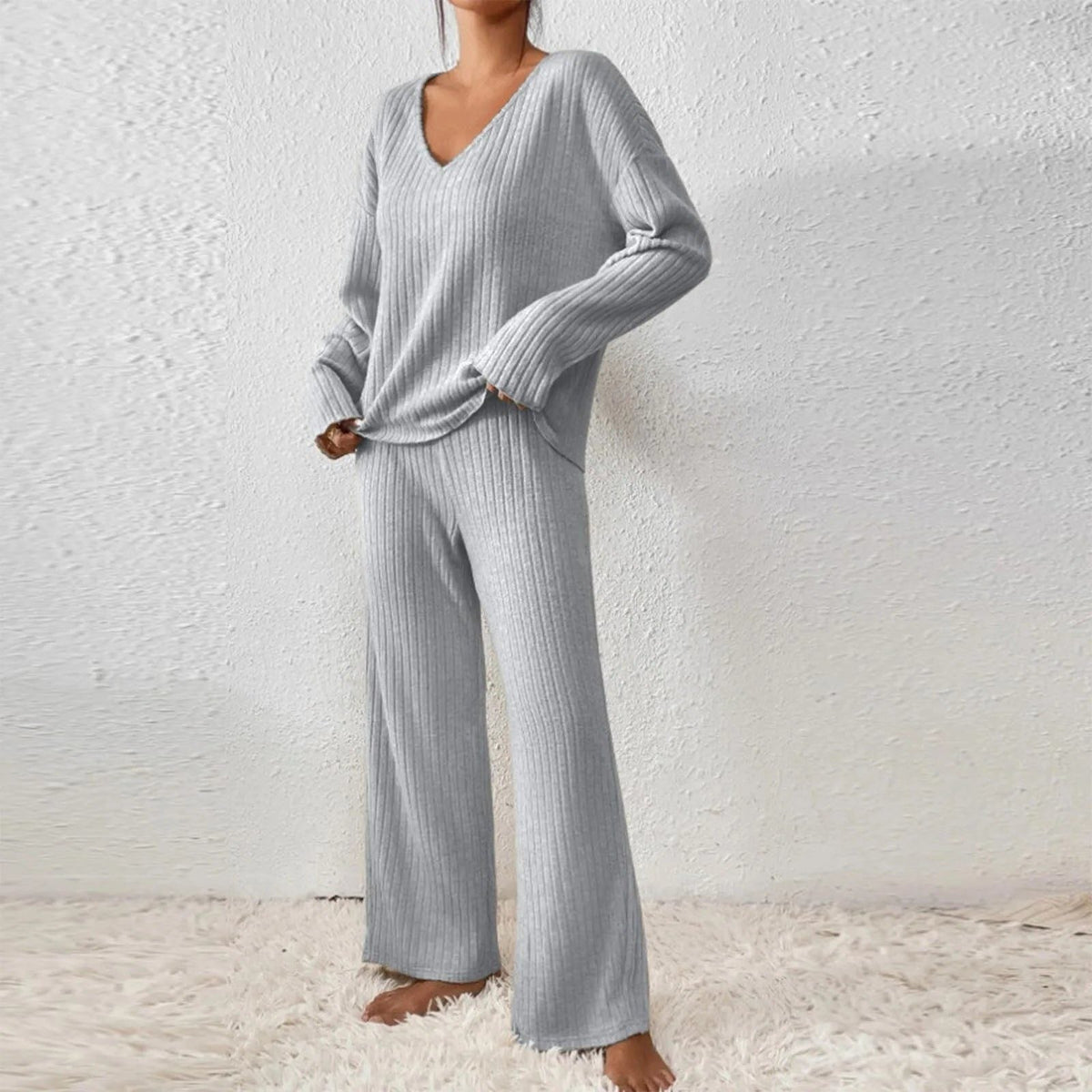 Women’s Ribbed V-Neck Sweater and Wide-Leg Pants Set, source view 7