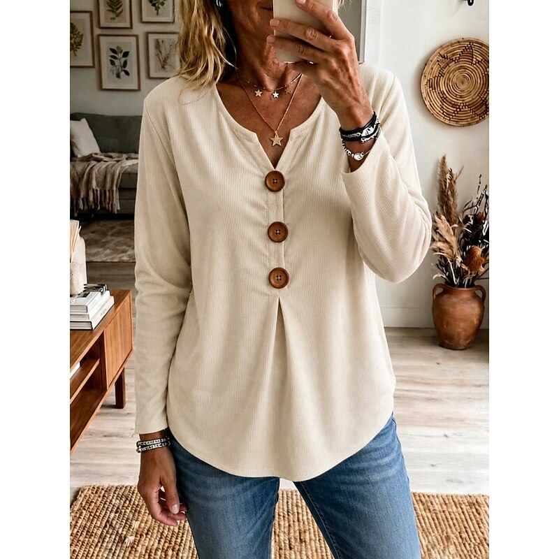 Cecelia Women's Ribbed Buttoned V-Neck Top product view