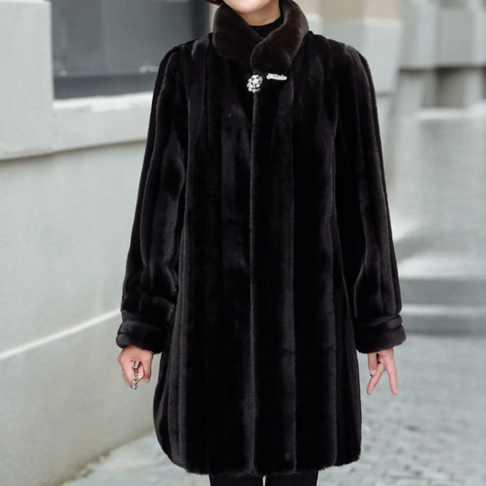 Women's black A-line faux-fur stand-collar coat, front view
